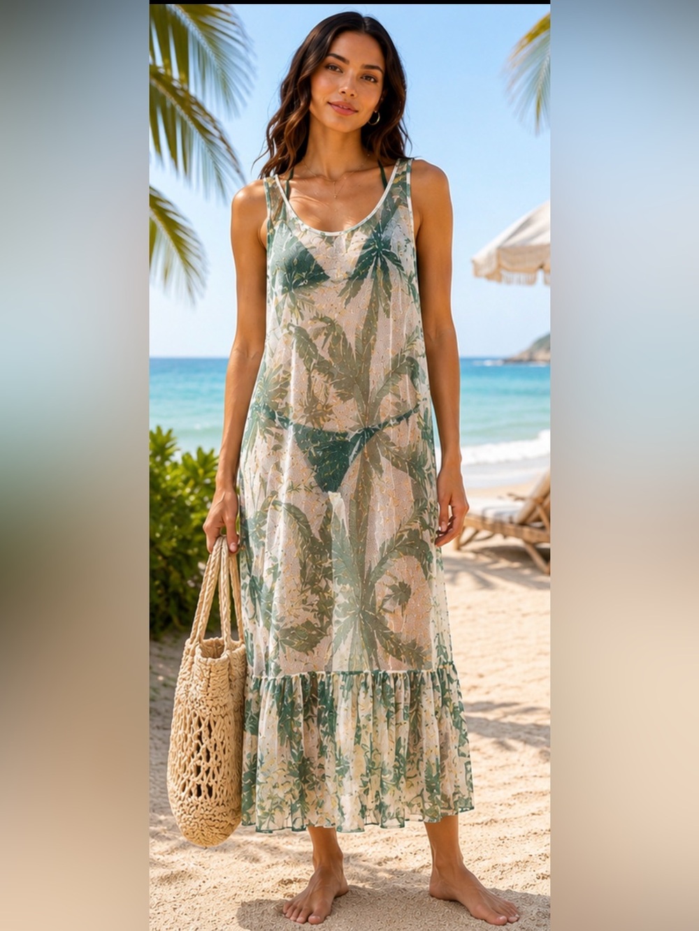 Anthropologie Celandine Sheer Green Palm-Print Tank Cover-Up Dress, OS
